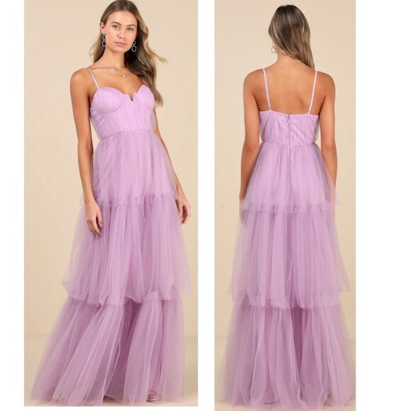 Lulus Unforgettable Poise Lilac Tulle Bustier Tiered Maxi Dress XS New NWT - Picture 1 of 11